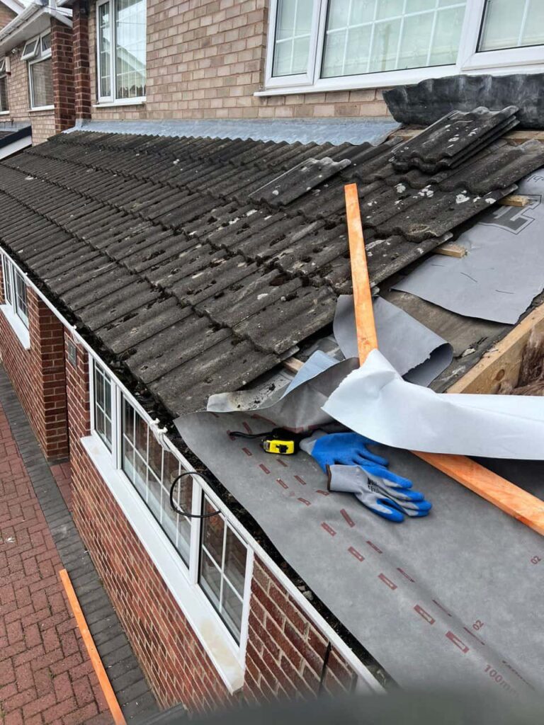 This is a photo of a pitched roof which is being repaired. The existing roof was leaking badly. Works carried out by Soham Roofing Repairs